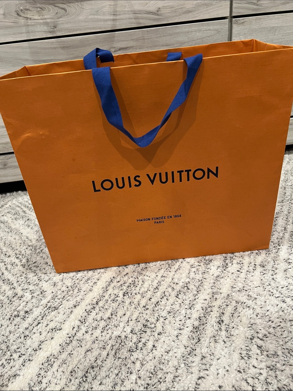 Louis Vuitton Orange Medium Shopping Bag with Royal Blue Handles & Card Included